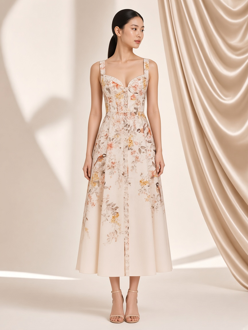 The Clementine Corset Midi Dress, an ivory floral corset midi dress with covered buttons down the front
