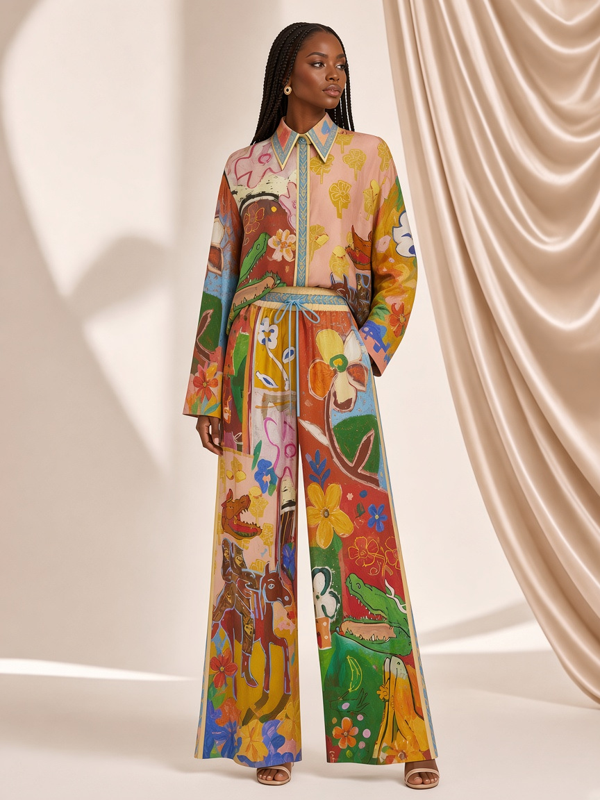The Kemi Gallery Shirt and Wide-Leg Trouser Set, a hand-painted art print shirt with matching wide-leg trousers