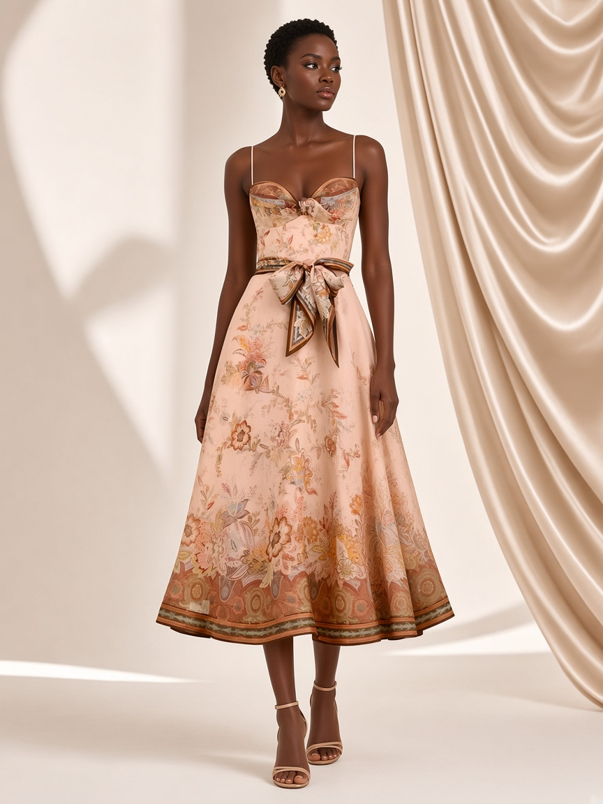 The Sienna Bow-Belt Midi Dress, a blush paisley midi dress with a sweetheart neckline and a bow sash