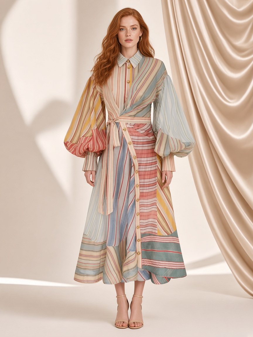 The Soleil Striped Wrap Midi Dress, a patchwork striped wrap midi dress with balloon sleeves