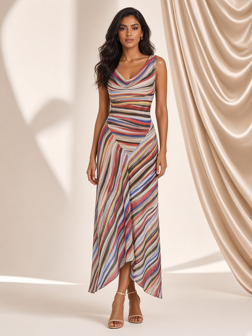 The Zuri Brushstroke Cowl Midi Dress, a multicoloured brushstroke print midi dress with a cowl neck
